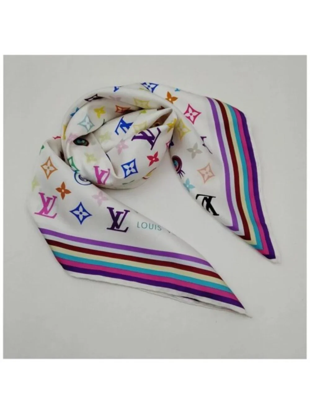 Louis Vuitton Multicolore Monogram Silk Scarf White Rainbow LV Luxury Designer A